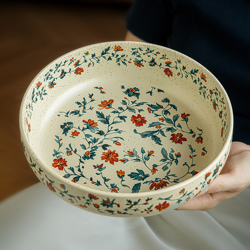 中古风8英寸芝麻釉菜碗特色陶瓷沙拉碗创意大号圆形深盘出口