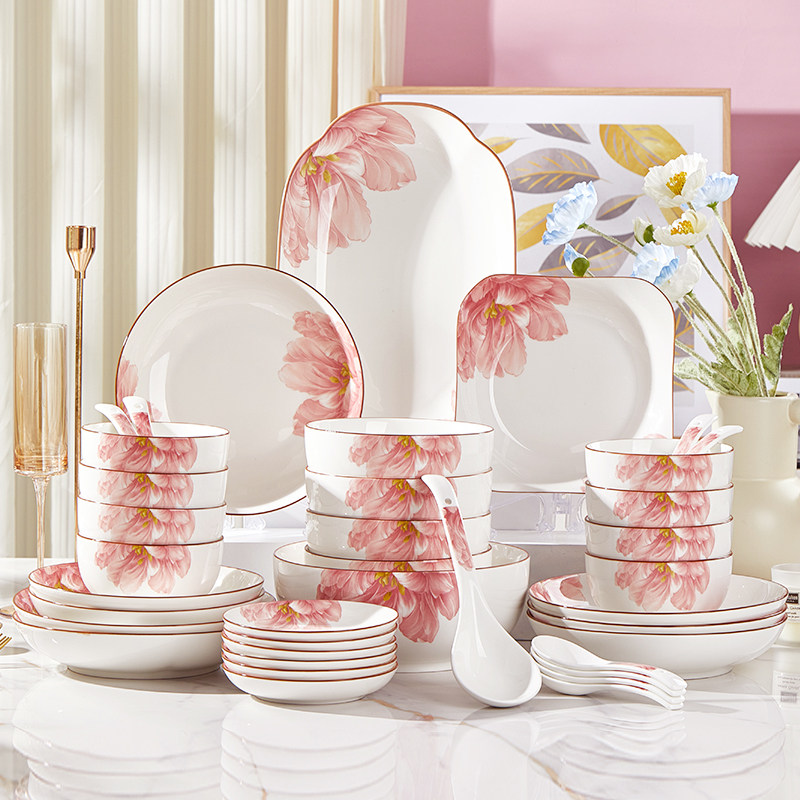 陶瓷碗碟套装家用2024新款釉中彩中式加厚结婚乔迁新居送礼餐具