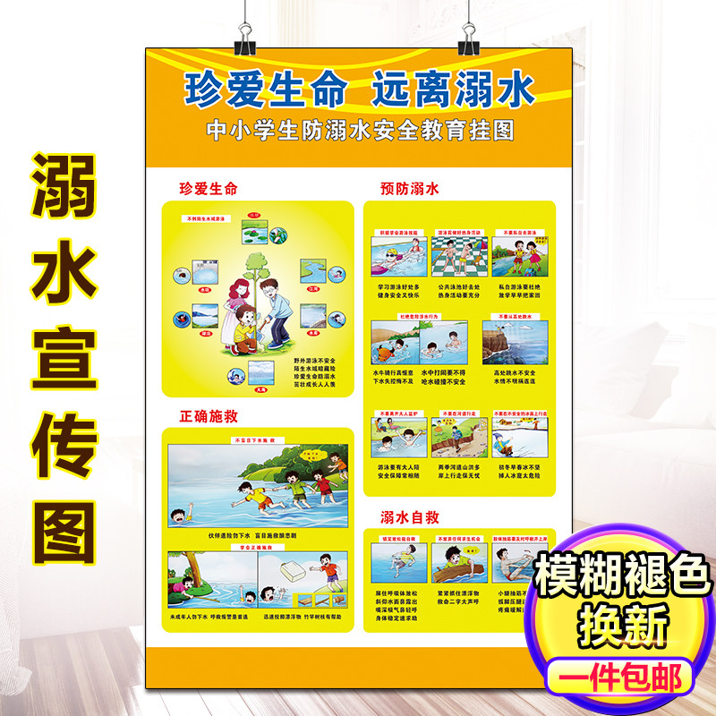 防溺水宣传图片包邮中小学生学校海报公益安全常识画展板kt板挂图