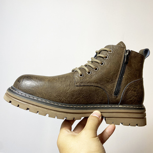 冬季加绒马丁靴男款真牛皮侧拉链英伦风高帮工装厚底男士中帮短靴