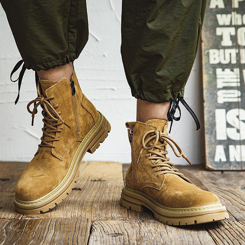 冬季加绒侧拉链马丁靴男真皮英伦风高帮鞋真皮中帮复古工装大黄靴