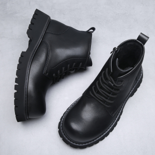 2025年秋冬款马丁靴男真皮厚底工装靴侧拉链黑色高帮皮鞋大头加绒