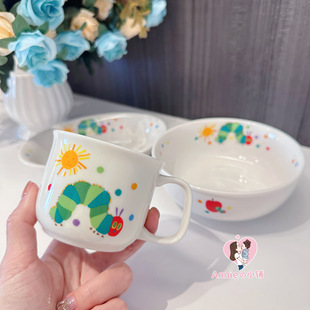 日本制本土金正毛毛虫儿童宝宝大号陶瓷碗辅食碗汤碗面碗勺水杯