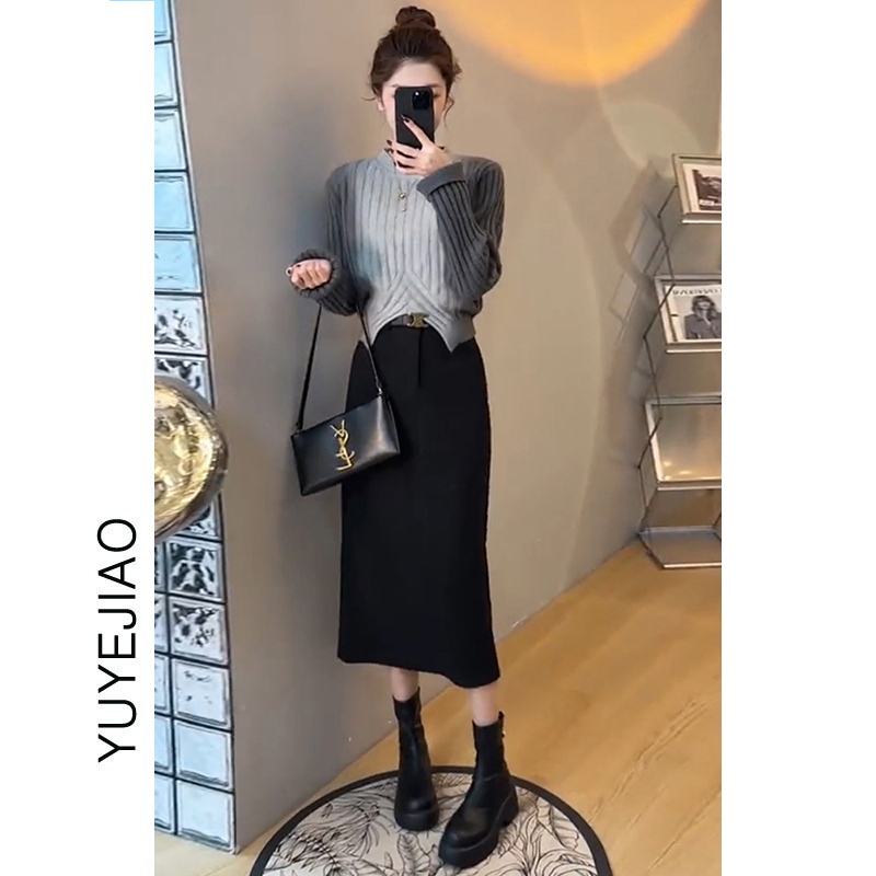 小个子秋季穿搭一整套秋冬撞色针织衫毛衣显瘦半身裙套装女两件套