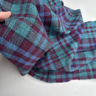 80%羊毛 缪缪风 紫蓝绿色编织纹粗纱布料 复古连衣裙 外套面料