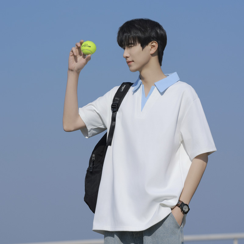 大码短袖t恤男款夏季美式宽松撞色翻领Polo衫男生假两件半袖衣服
