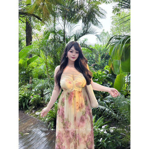 Babes【仲夏夜】大码法式复古度假玫瑰碎花蕾丝V领吊带显瘦长裙女