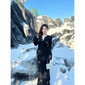 Babes 轻奢烫钻V领黑色连衣裙秋冬气质包臀长裙女 闪闪格调 大码