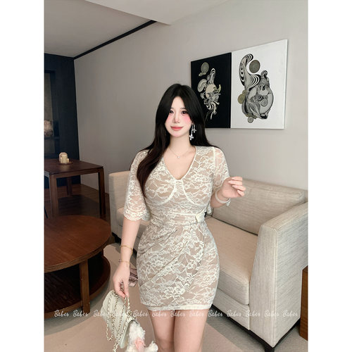Bbabes【暮色热吻】大码纯欲性感蕾丝拼接V领收腰显瘦包臀连衣裙