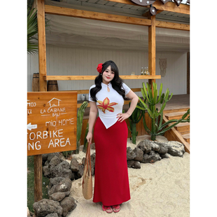 套装 Babes 纯欲红色包臀鱼尾裙高腰显瘦修身 春夏大码 南国朱槿