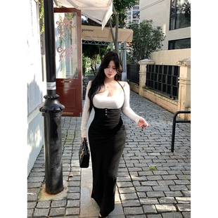 气质上衣真两件套装 Bbabes 纯欲挂脖连衣裙长袖 大码 裙女 奥立奥