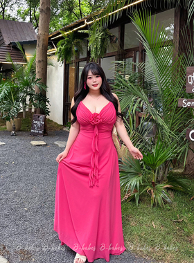 Babes【桃花梦】大码胖mm海边度假风多巴胺绝美裙吊带显瘦连衣裙