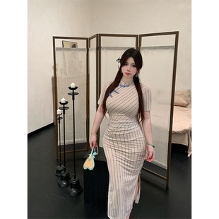Bbabes 條紋暈染改良旗袍收腰顯瘦國風長裙 微胖新中式 晚意天香