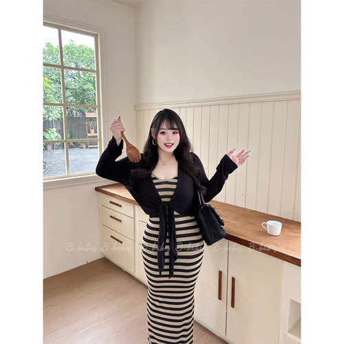 Babes【松弛条纹】大码条纹吊带包臀连衣长裙黑色绑带开衫套装女