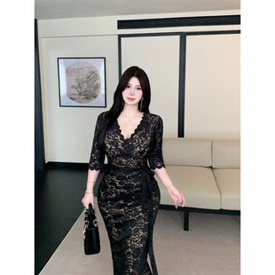 Bbabes 性感纯欲镂空蕾丝连衣裙微胖收腰显瘦包臀裙 槐南一梦