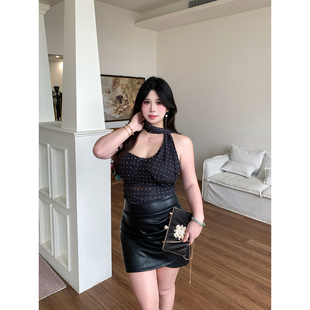 性感网纱带胸垫挂脖吊带背心女夏短款 Babes 法式 大码 上衣 黑桃A