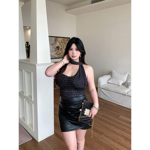 Babes【黑桃A】大码法式性感网纱带胸垫挂脖吊带背心女夏短款上衣
