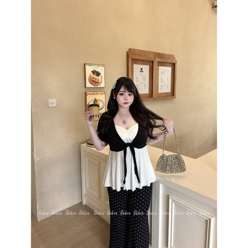 Babes【夏日记忆】大码微胖mm韩系V领开衫吊带波点裤子显瘦套装女