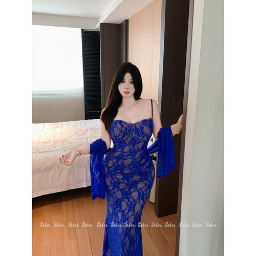 Babes【幽蓝梦境】大码微胖mm度假风性感蕾丝披肩吊带包臀连衣裙