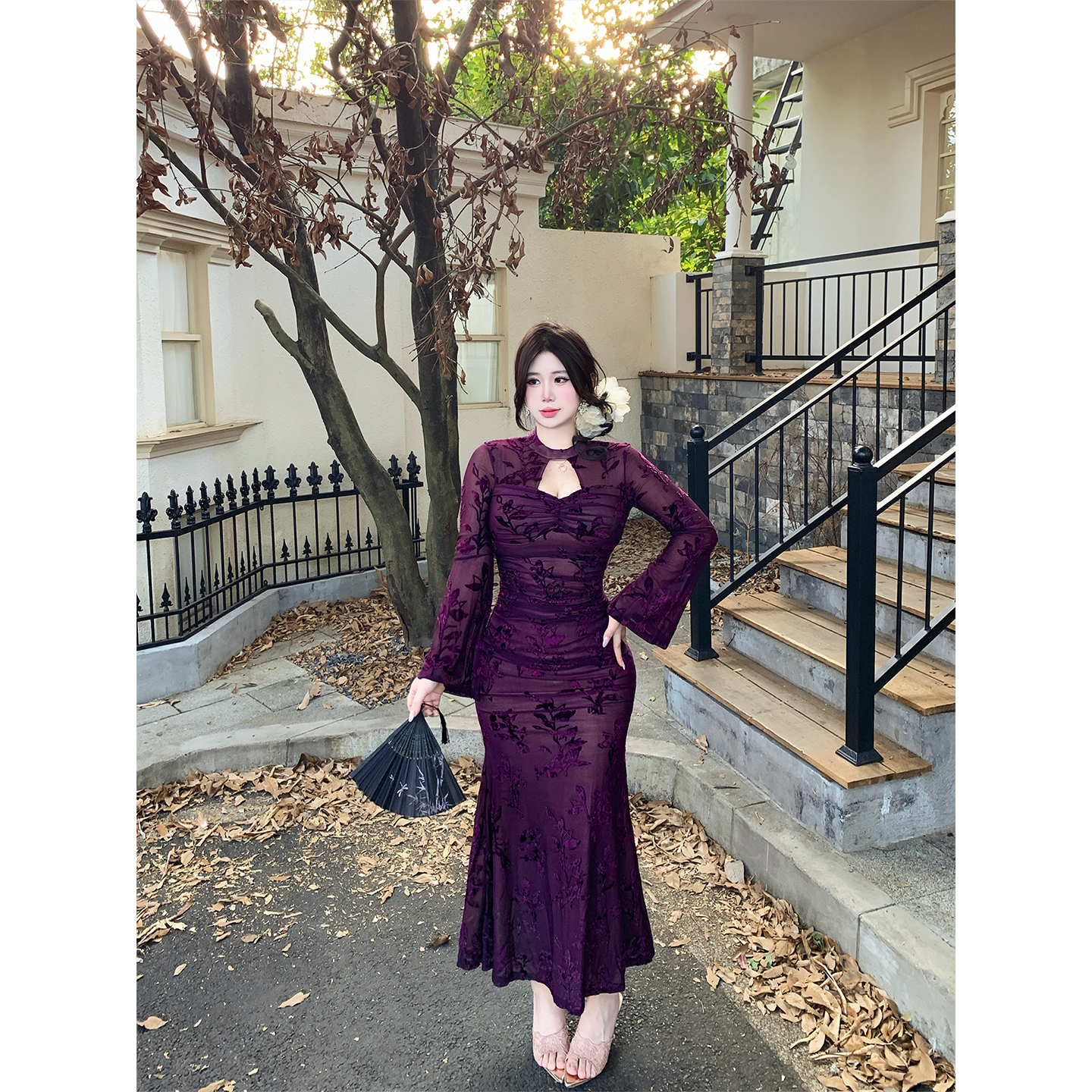 Bbabes【紫烟若缕】新中式改良旗袍微胖褶皱高级感提花鱼尾包臀裙