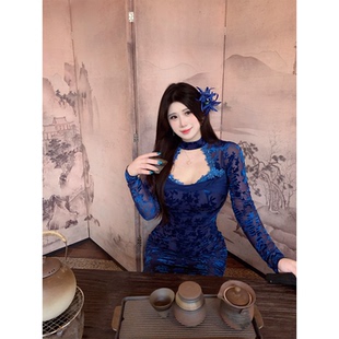 立领连衣裙微胖显瘦包臀长裙 提花镂空拼接长袖 Bbabes 忽逢林深