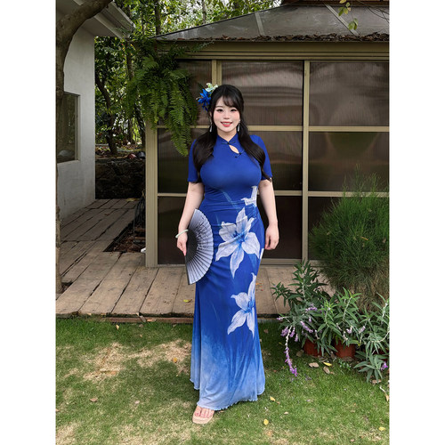 Babes【水色兰香】大码新中式温婉气质国风蓝色修身显瘦旗袍长裙