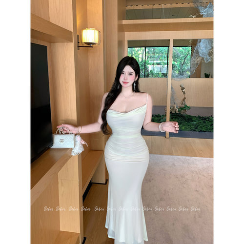 Babes【月光恋人】大码法式纯欲温柔荡领网纱褶皱吊带包臀连衣裙