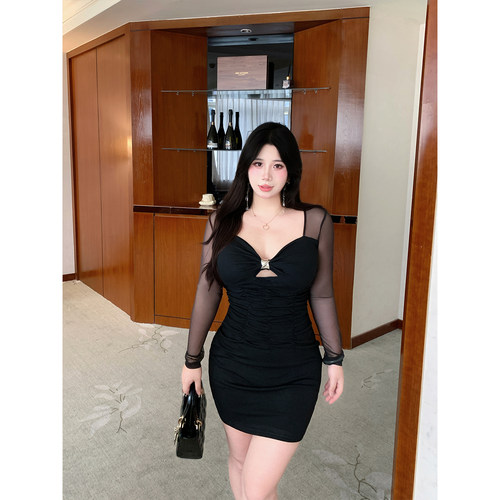 Babes【百利甜】大码纯欲辣妹风黑色镂空网纱性感修身显瘦包臀裙