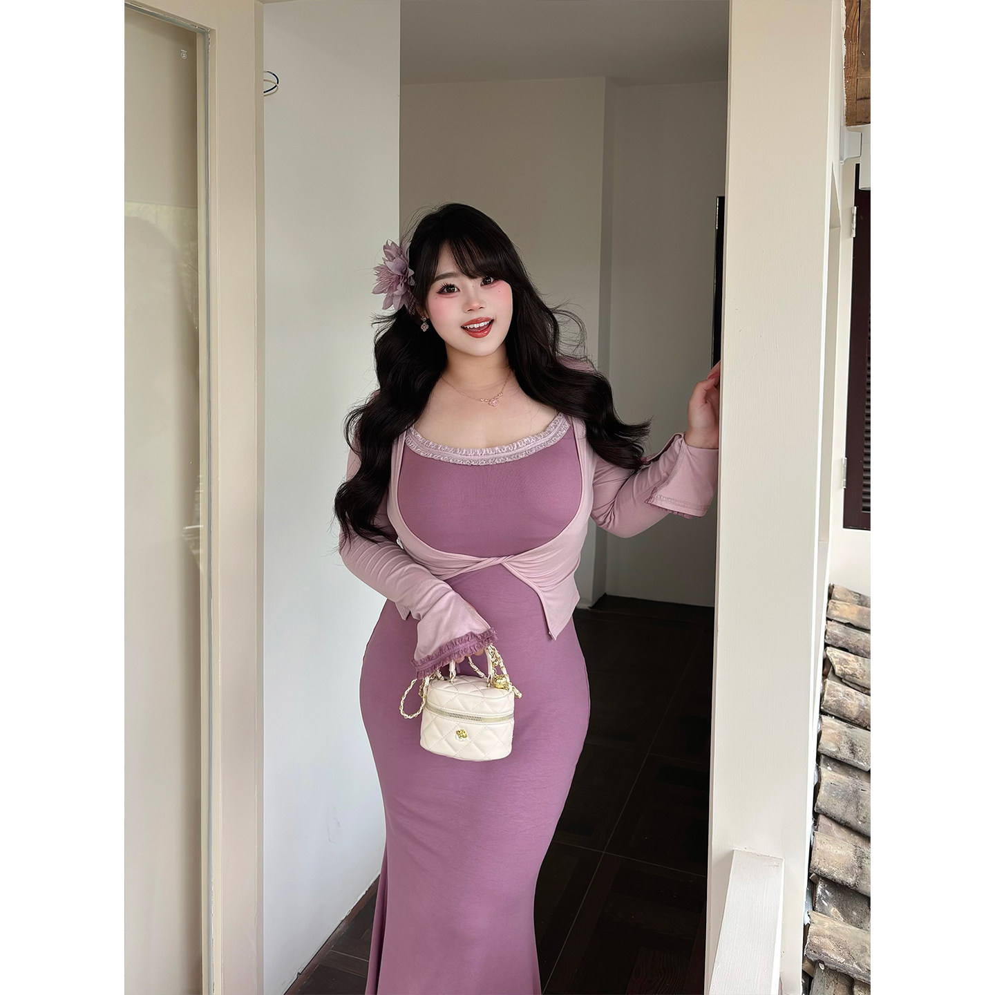 Babes【鸢尾花语】大码纯欲包臀吊带连衣裙系带长袖罩衫两件套女