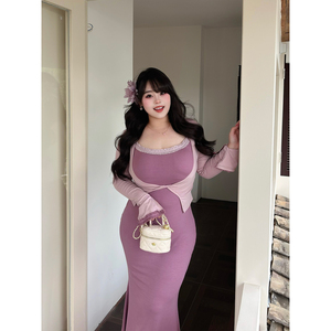 Babes【鸢尾花语】大码纯欲包臀吊带连衣裙系带长袖罩衫两件套女