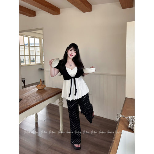 Babes【夏日记忆】大码微胖mm韩系V领开衫吊带波点裤子显瘦套装女