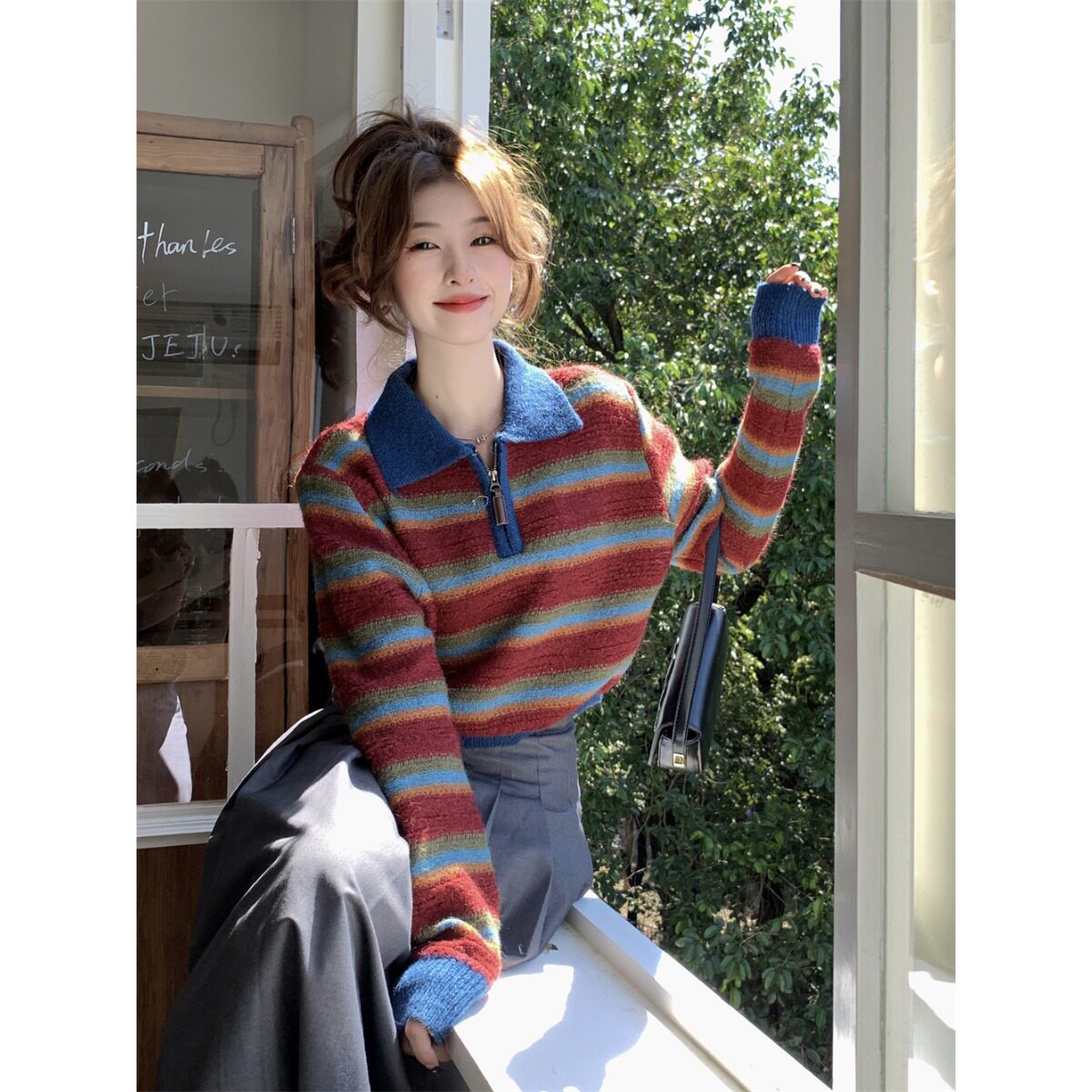 2926美式复古条纹polo领针织衫女秋冬毛衣小众别致独特短款上衣