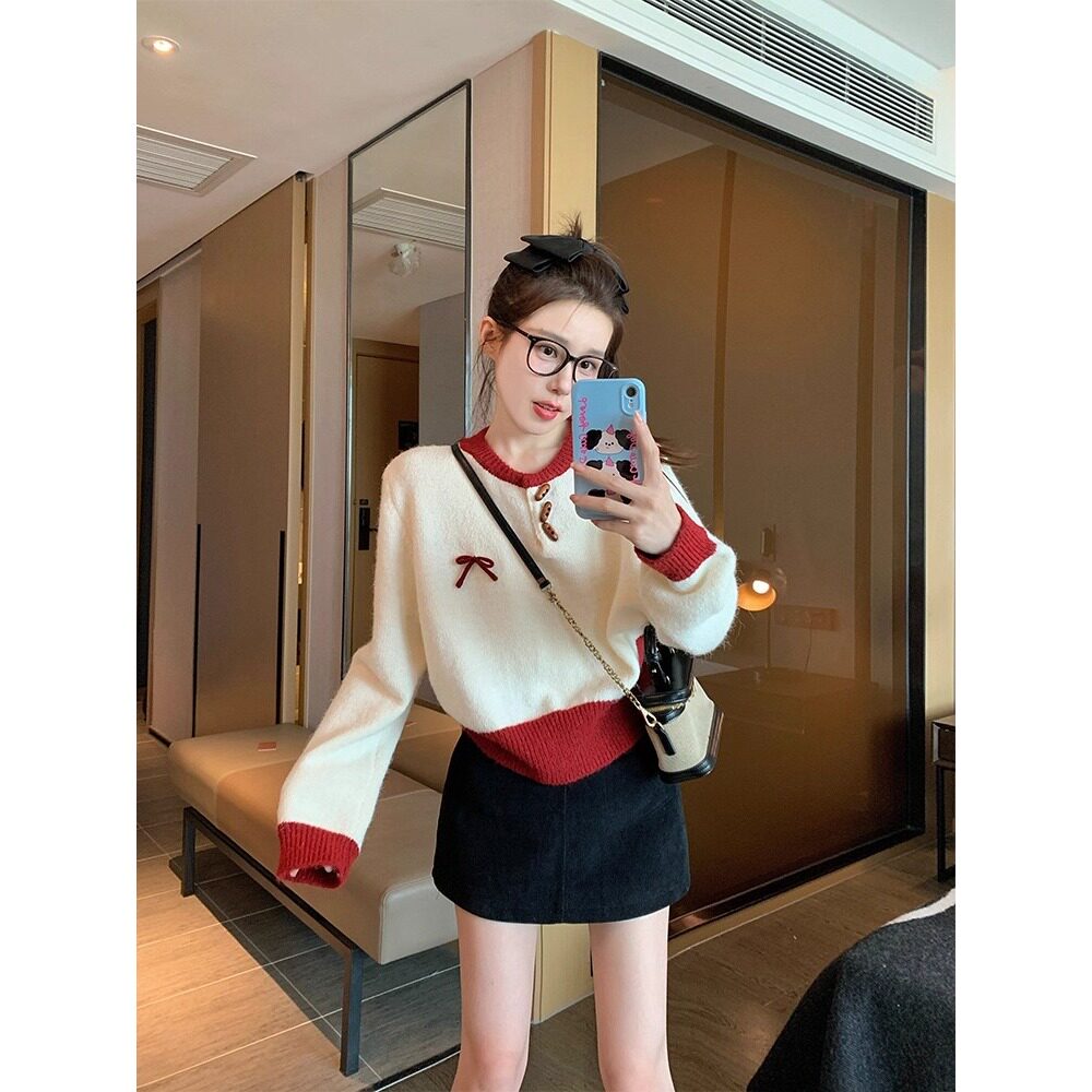 洗水撞色牛角扣套头毛衣女新款秋加厚慵懒短款内搭针织衫