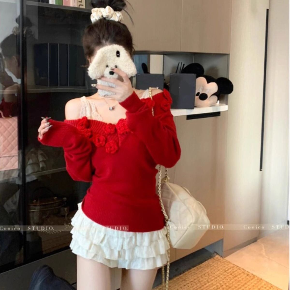 纯欲气质V领花朵收腰显瘦露肩毛衣女秋软糯高级设计感针织衫上衣