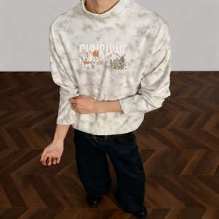 痞帅炸街 时尚 男港风印花220240g扎染德绒宽松打底衫 2025春秋新款