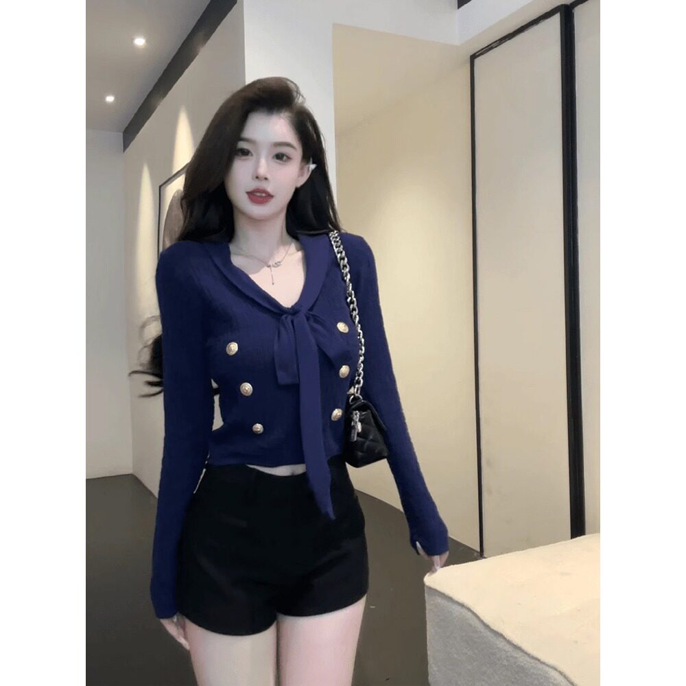 冰爽丝洗水法式重工金属扣提花飘带针织衫女秋季V领高级感上