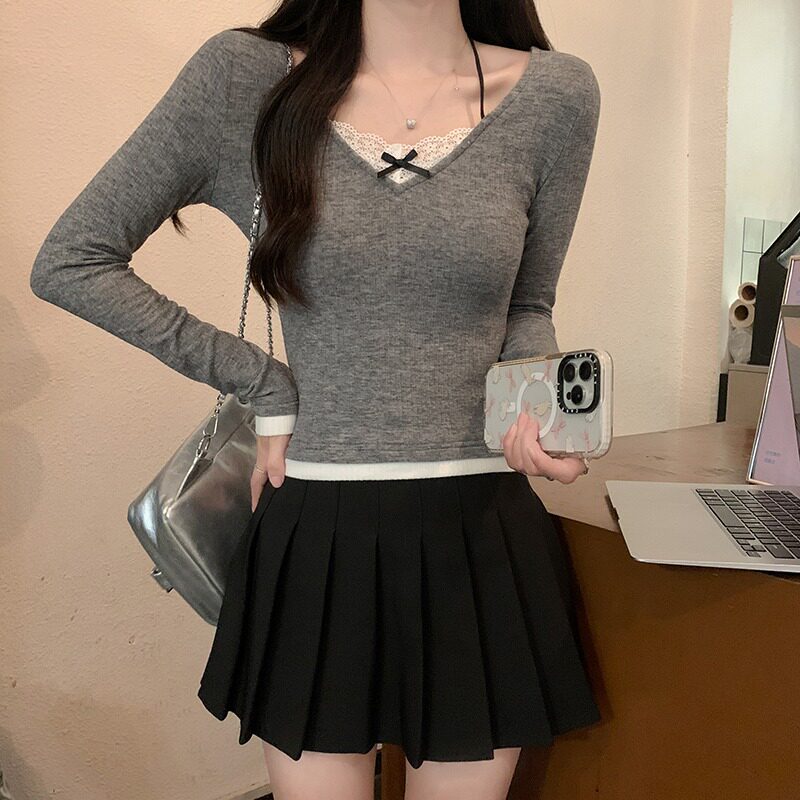 甜美风法式秋冬季韩版纯欲拼接挂脖针织衫蕾丝边辣女假两件上衣
