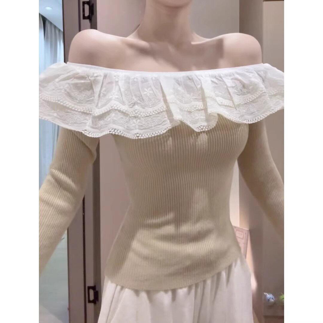 早秋新款纯欲风一字肩花边针织上衣女秋季新款修身收腰百搭上衣