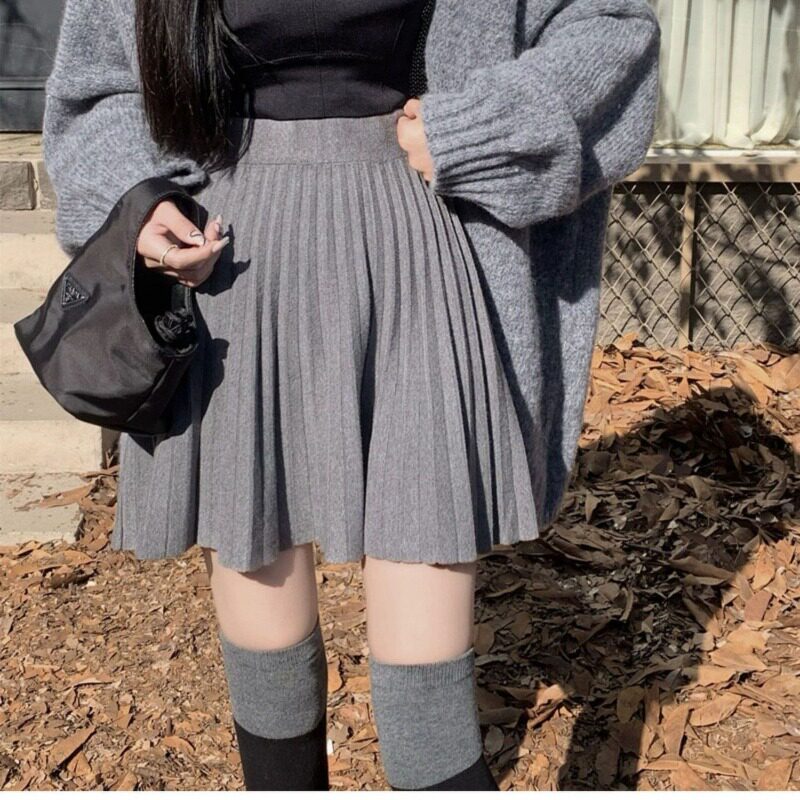 包芯纱韩系高腰A字百褶针织短裙女春秋冬显瘦遮肉遮胯半身裙