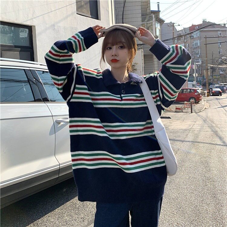 慵懒风polo领拼色条纹毛衣秋冬新款女学生韩版宽松套头针织衫外套