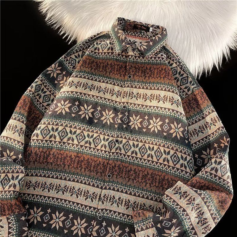 民族风织绣衬衫男长袖秋冬季bf潮牌复古休闲衬衣高街宽松痞帅外套