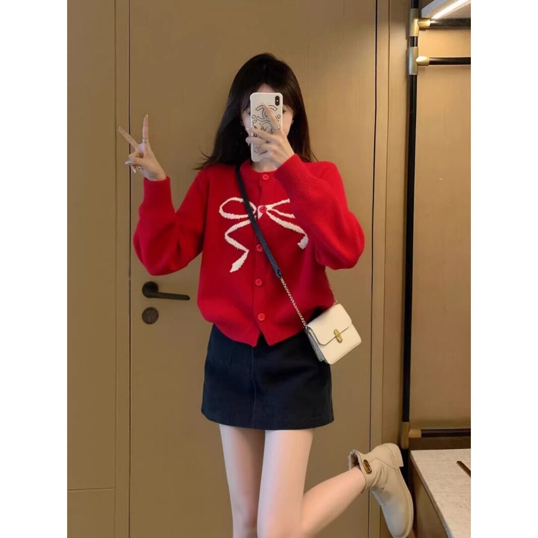 包芯纱洗水韩系红色蝴蝶结长袖针织开衫女秋冬款宽松软糯上衣