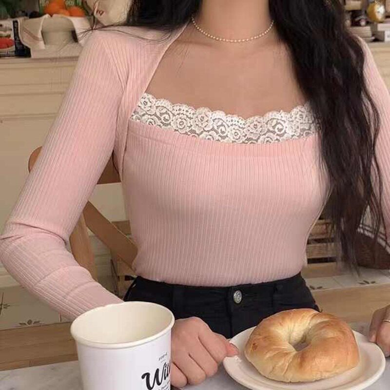 粉色性感小众方领显瘦针织长袖女春季舒适百搭显身材新款辣妹上衣