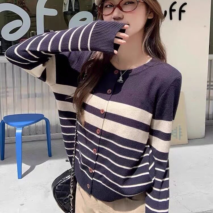 港味风格条纹毛衣针织开衫女春秋新款宽松显瘦长袖针织衫上衣外套