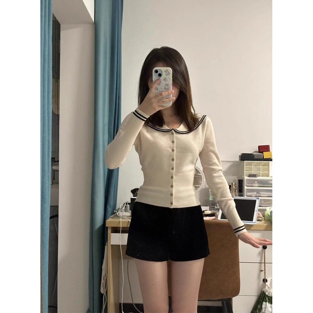 冰爽丝洗水设计感海军领长袖针织衫女小香风气质修身显瘦上衣