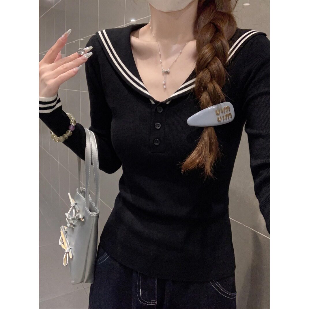 安迪绒洗水学院风海军领黑色长袖针织衫女早秋显瘦减龄打底上