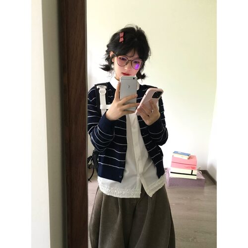韩系撞色条纹开衫氛围感穿搭圆领长袖针织开衫女修身短款毛衣外套