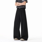 宽松高级感阔腿百搭休闲长裤 男潮牌新款 褶皱刺绣黑色弯刀西裤 美式