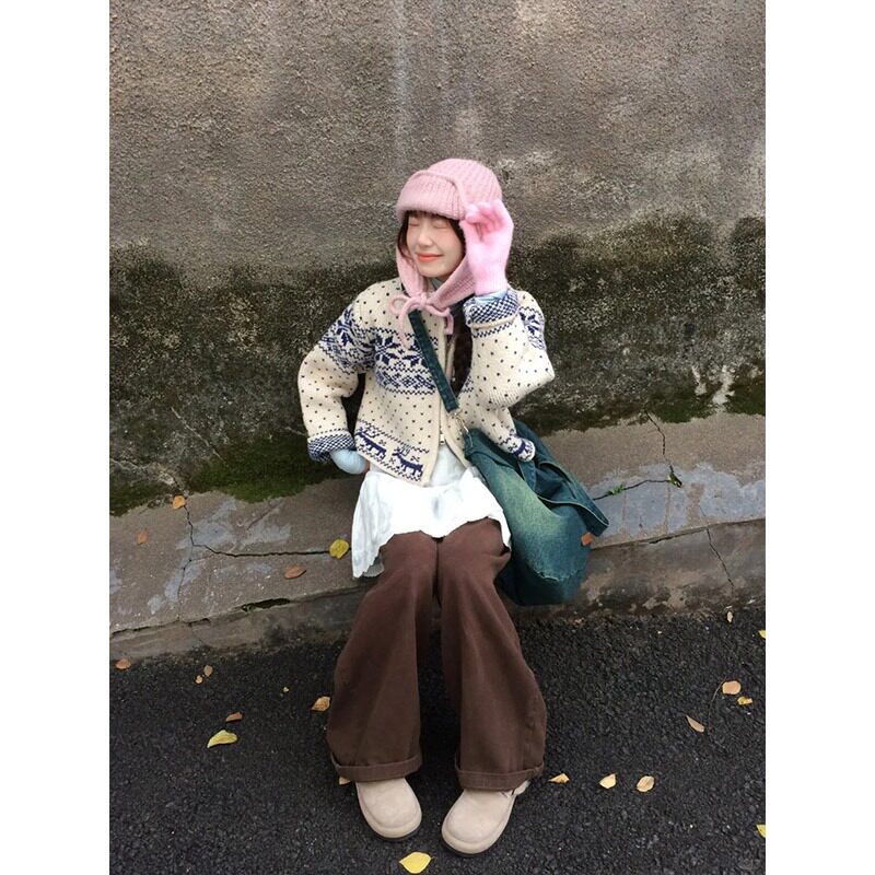 日系古着感重工立领拉链针织开衫毛衣女秋冬新款高领雪花刺绣外套