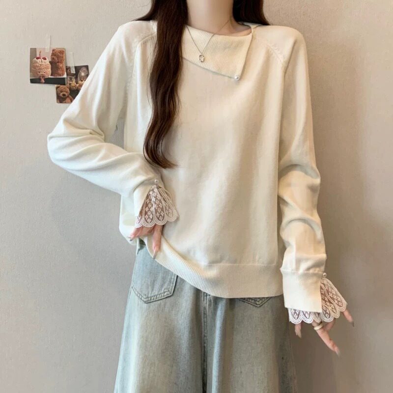 灰色翻领毛衣女秋冬2026新款慵懒风高级感蕾丝内搭打底衫针织上衣